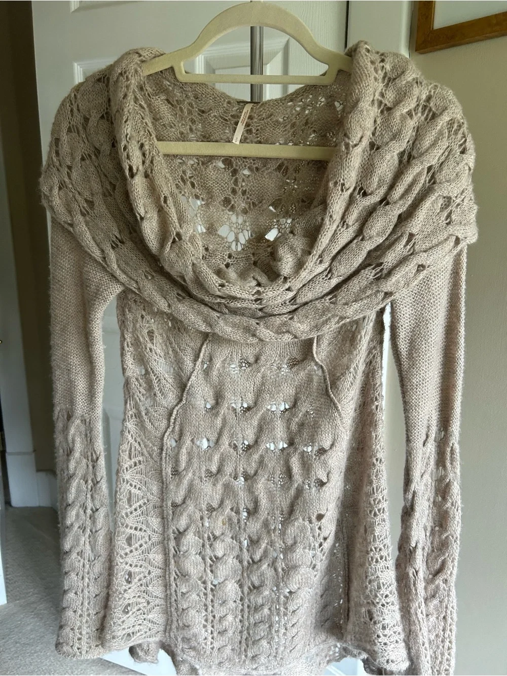 Free People Women’s taupe Openwork Cowl Neck Sweater. Small. Great condition.
